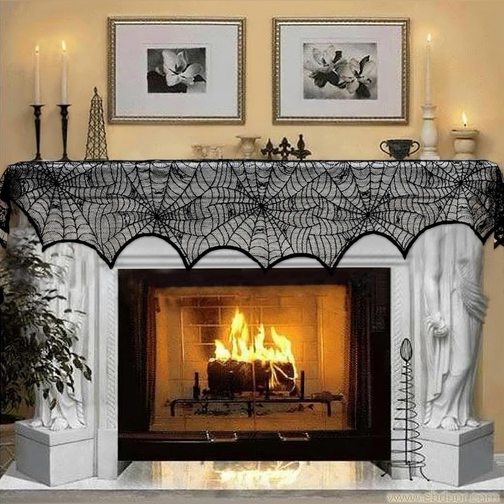 Halloween Decoration Black Lace Spiderweb Fireplace Mantle Cover 18” x 96” - Picture 3 of 9